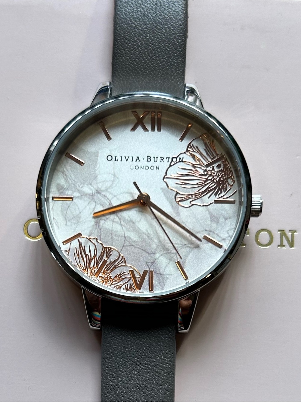 OLIVIA BURTON ABSTRACT FLORALS WATCH WITH 34mm SILVER FACE & GREY LEATHER BAND